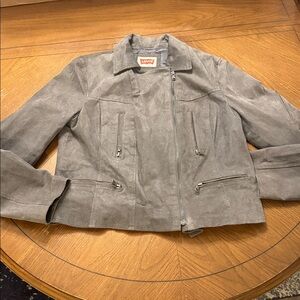 Levi’s Suede Leather Moto Jacket Grey Motorcycle Biker Coat Sz Large Women NWOT